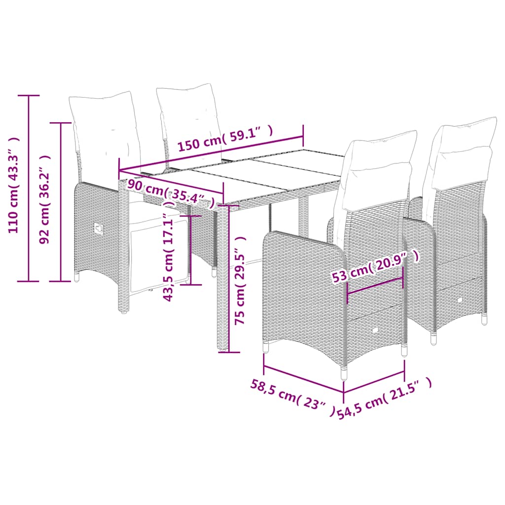 Set Bistrò da Giardino 5 pz con Cuscini in Polyrattan Marrone | homemem39