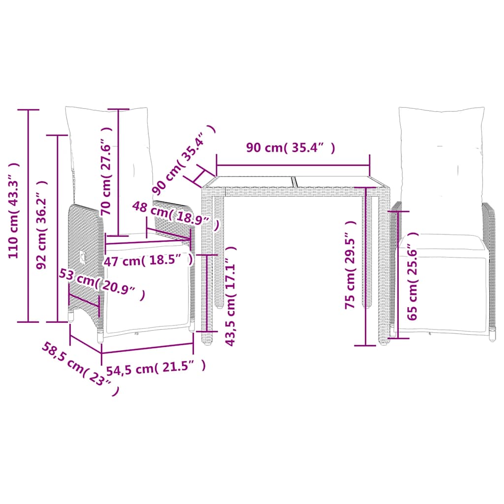 Set Bistrò da Giardino 3 pz con Cuscini in Polyrattan Marrone | homemem39