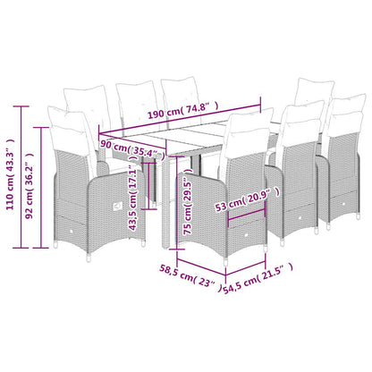 Set Bistrò da Giardino 9 pz con Cuscini in Polyrattan Marrone