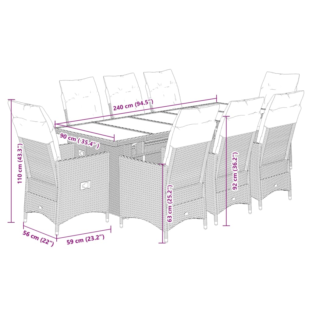 Set Bistrò da Giardino 9 pz con Cuscini in Polyrattan Grigio | homemem39