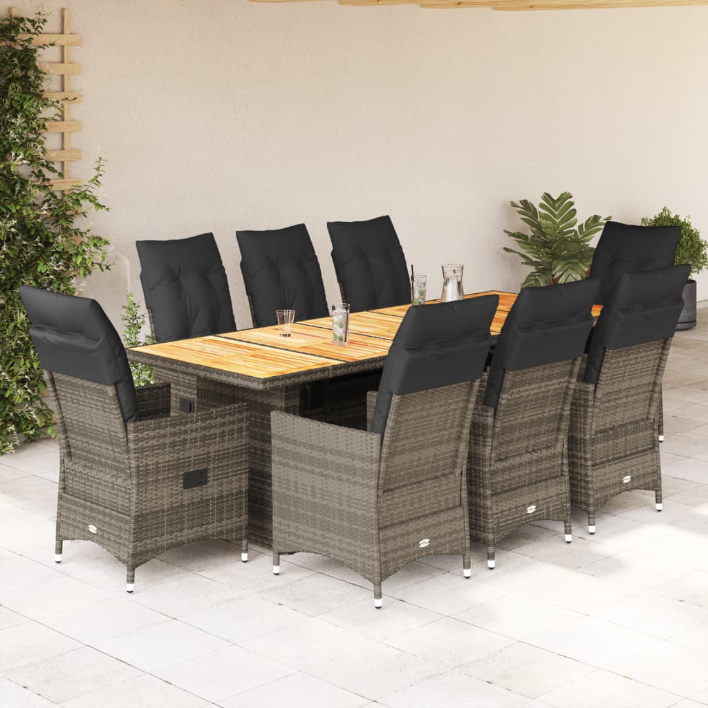Set Bistrò da Giardino 9 pz con Cuscini in Polyrattan Grigio | homemem39