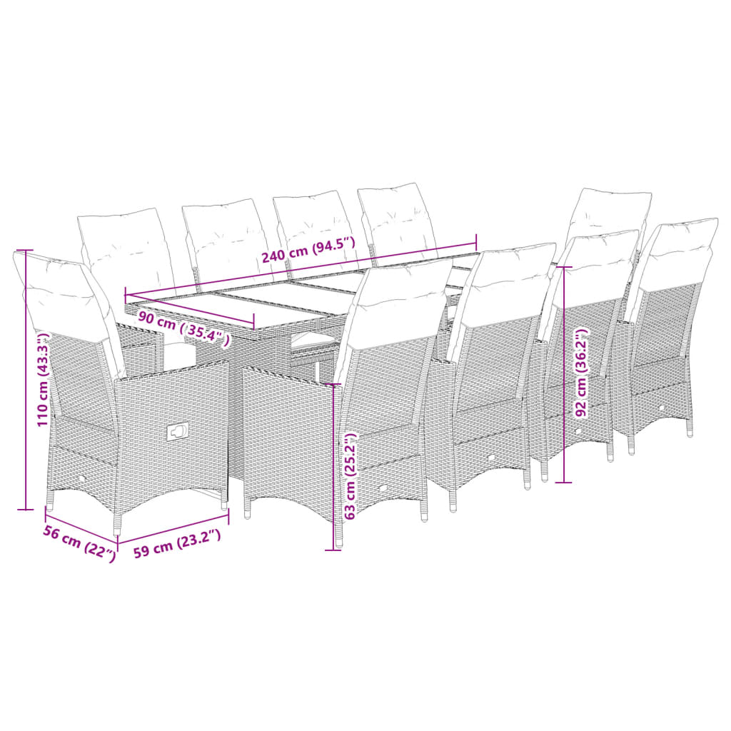 Set Bistrò da Giardino 11 pz con Cuscini in Polyrattan Grigio | homemem39