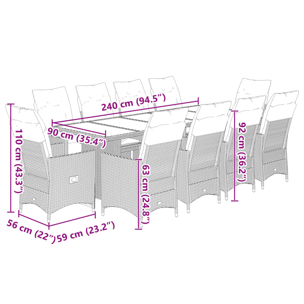 Set Bistrò da Giardino 11 pz con Cuscini in Polyrattan Marrone