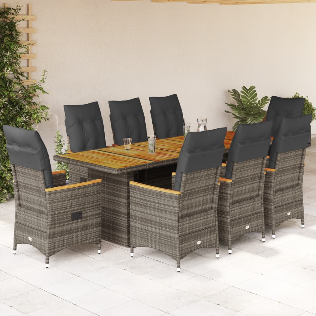 Set Bistrò da Giardino 9 pz con Cuscini in Polyrattan Grigio | homemem39