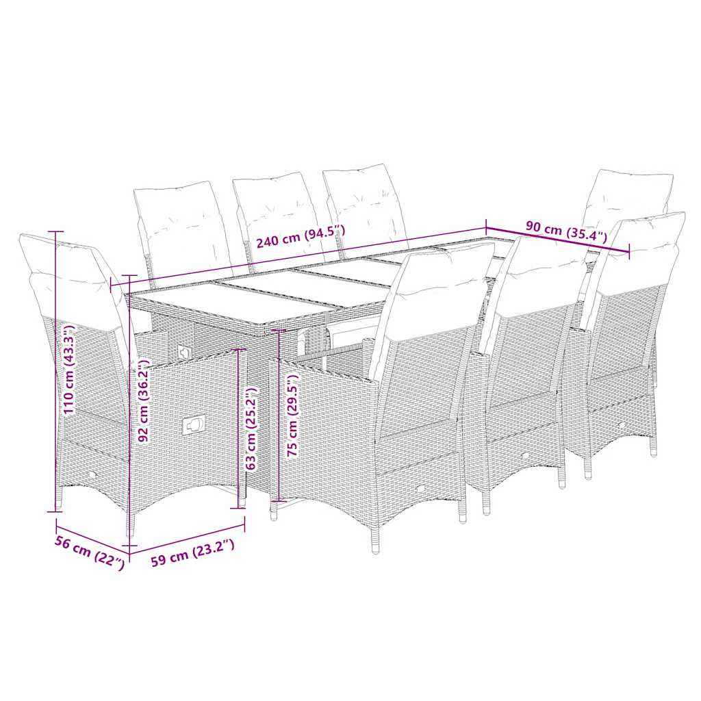 Set Bistrò da Giardino 9 pz con Cuscini in Polyrattan Nero | homemem39