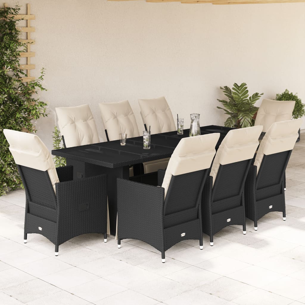 Set Bistrò da Giardino 9 pz con Cuscini in Polyrattan Nero | homemem39