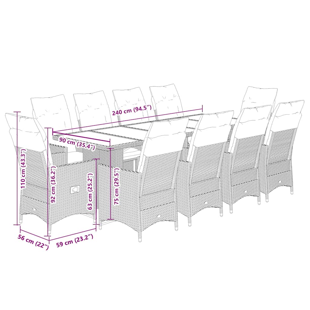Set Bistrò da Giardino 11 pz con Cuscini in Polyrattan Grigio