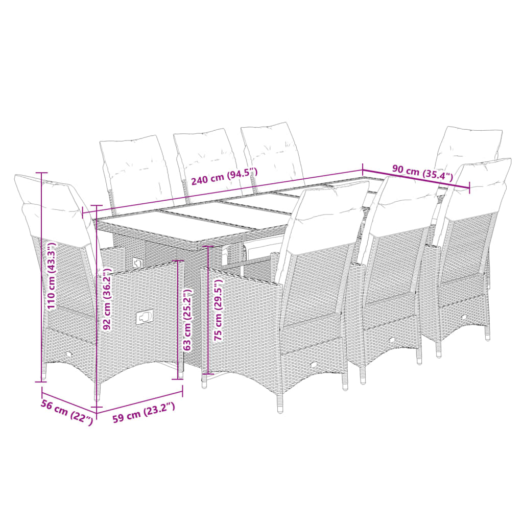 Set Bistrò da Giardino 9 pz con Cuscini in Polyrattan Marrone | homemem39
