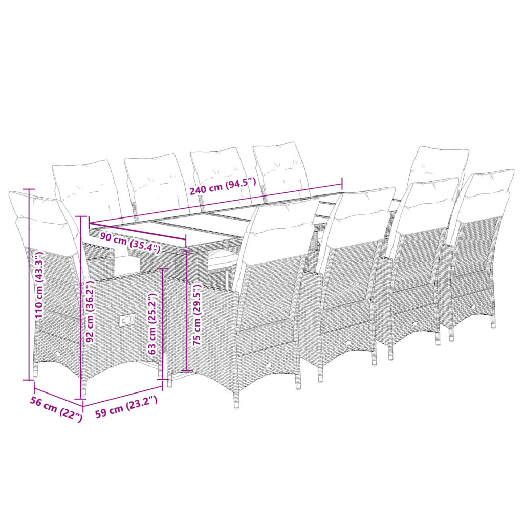 Set Bistrò da Giardino 11 pz con Cuscini in Polyrattan Marrone | homemem39