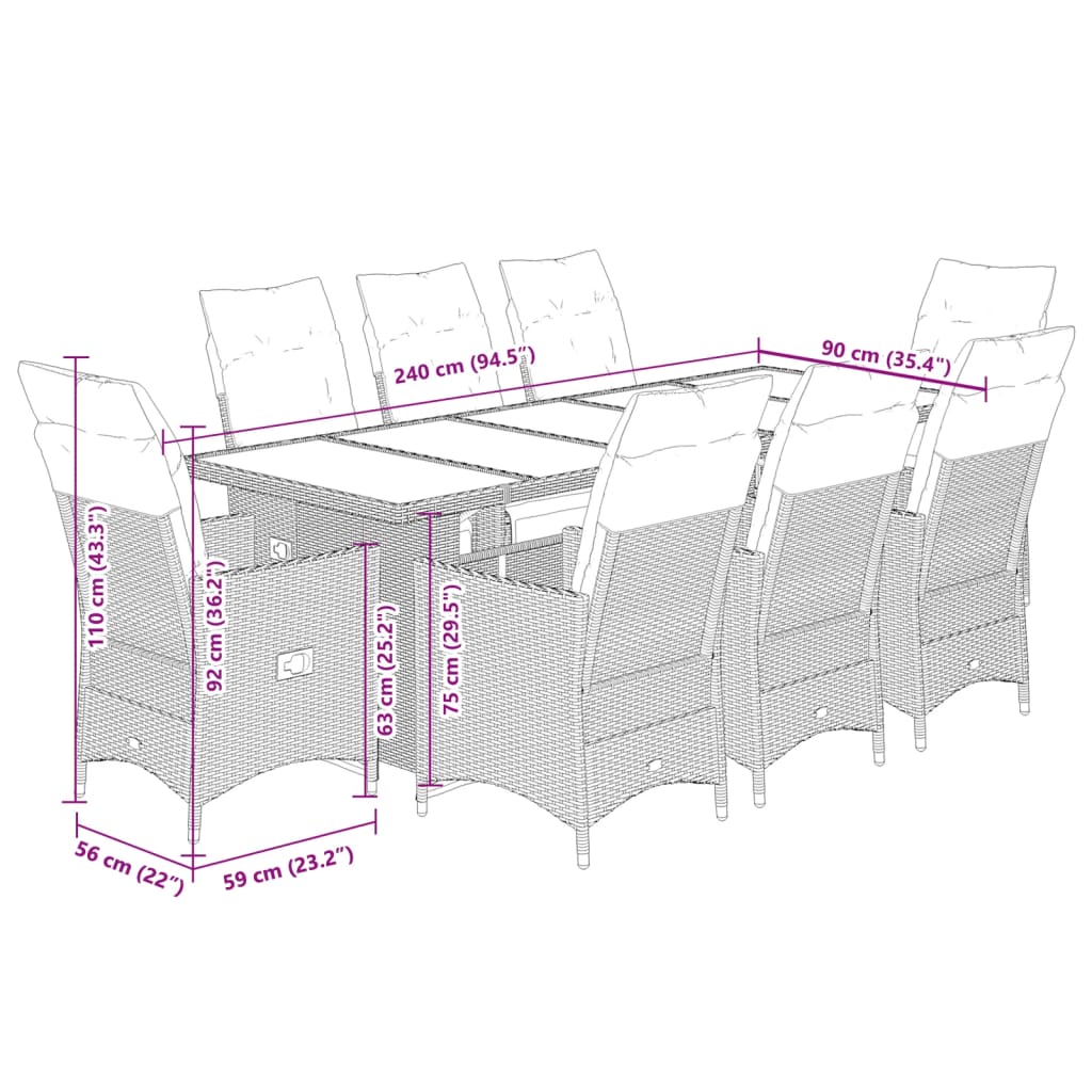 Set da Bistrò da Giardino 9 pz con Cuscini Beige in Polyrattan