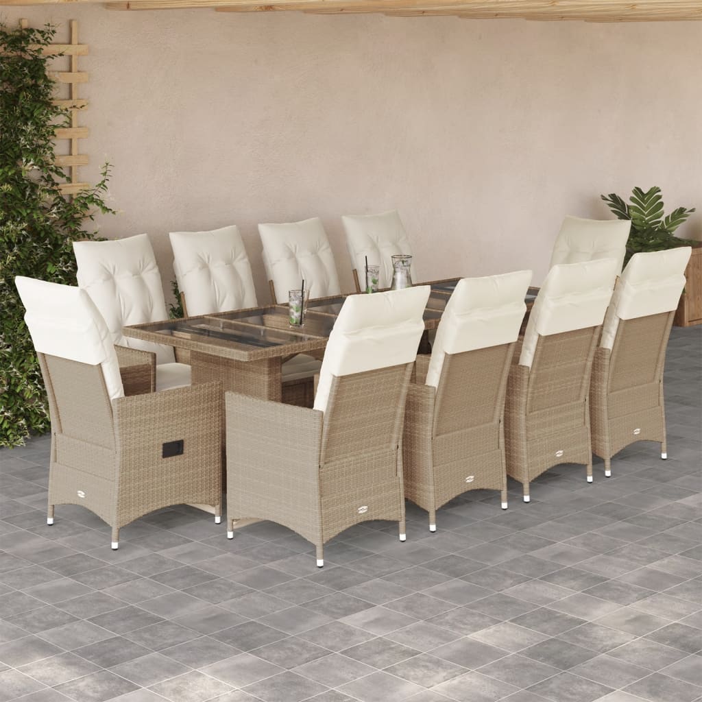 Set Bistrò da Giardino 11 pz con Cuscini in Polyrattan Beige | homemem39