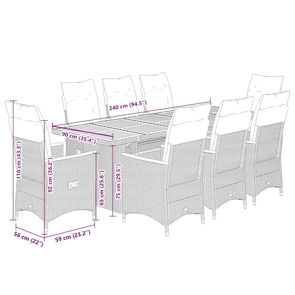Set Bistrò da Giardino 9 pz con Cuscini in Polyrattan Nero | homemem39