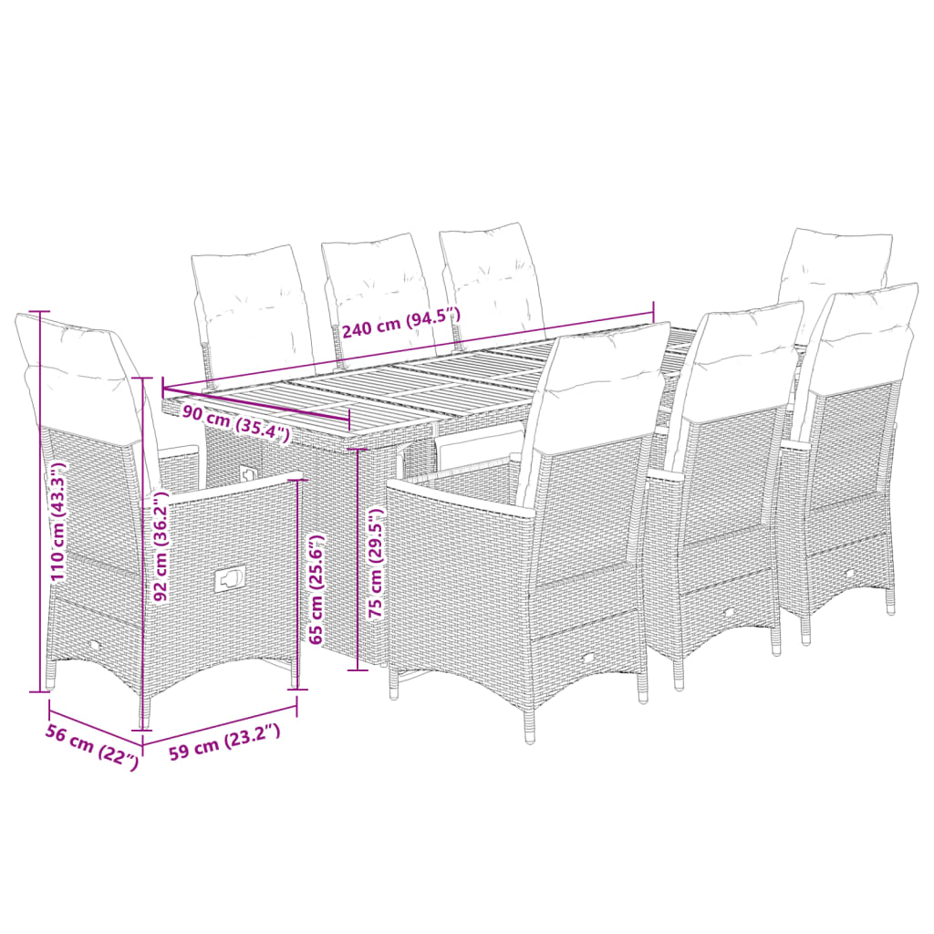 Set Bistrò da Giardino 9 pz con Cuscini in Polyrattan Grigio | homemem39