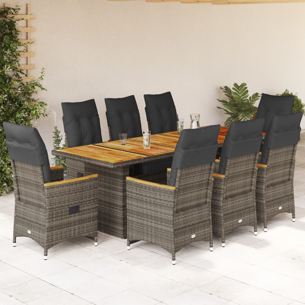 Set Bistrò da Giardino 9 pz con Cuscini in Polyrattan Grigio | homemem39