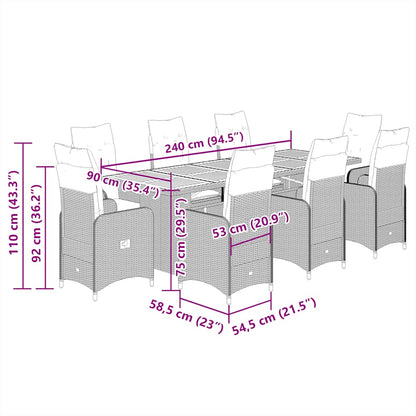 Set Bistrò da Giardino 9 pz con Cuscini in Polyrattan Grigio | homemem39