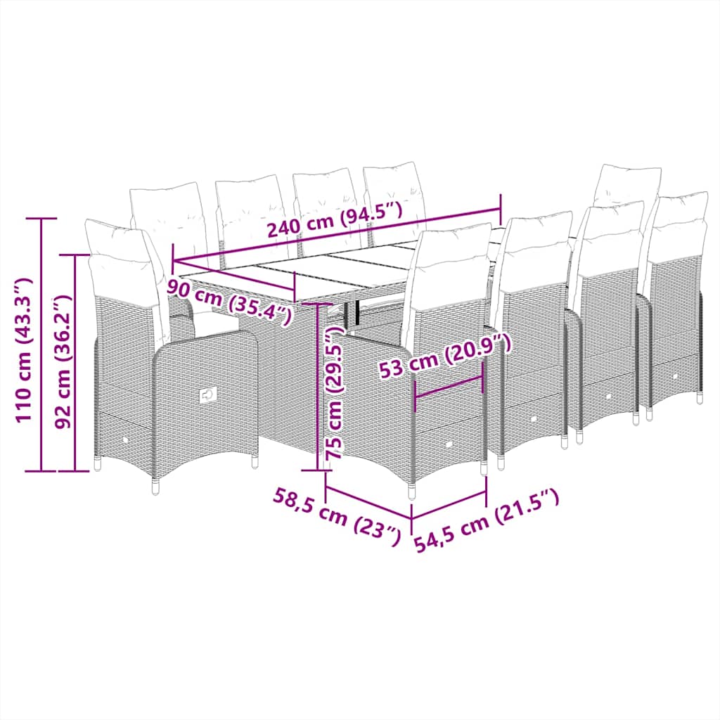 Set Bistrò da Giardino 11 pz con Cuscini in Polyrattan Grigio
