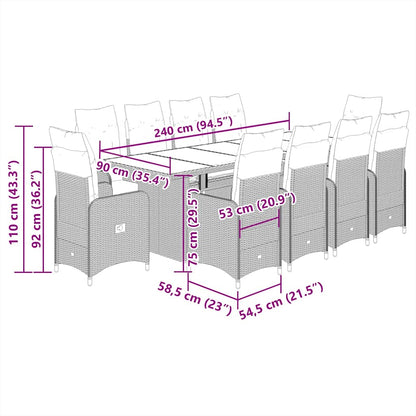 Set Bistrò da Giardino 11 pz con Cuscini in Polyrattan Grigio
