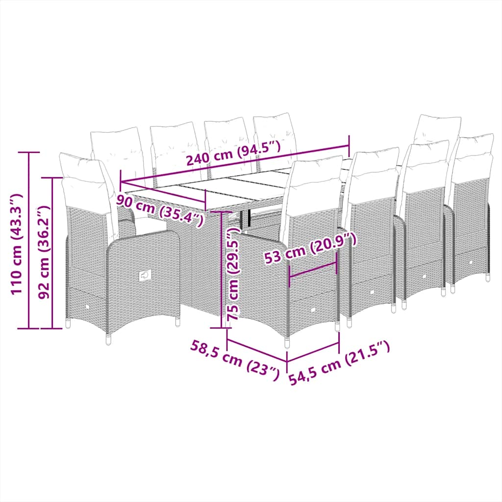 Set Bistrò da Giardino 11 pz con Cuscini in Polyrattan Grigio