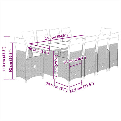 Set Bistrò da Giardino 11 pz con Cuscini in Polyrattan Grigio