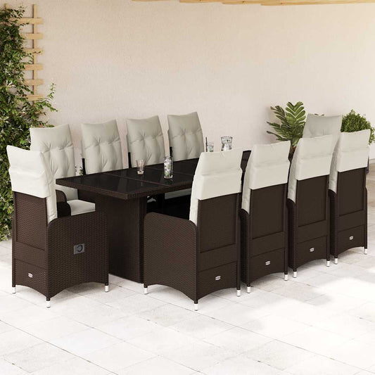 Set Bistrò da Giardino 11 pz con Cuscini in Polyrattan Marrone