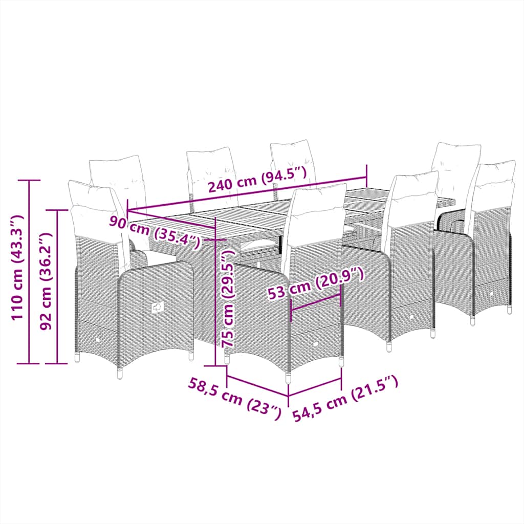 Set Bistrò da Giardino 11 pz con Cuscini in Polyrattan Grigio | homemem39