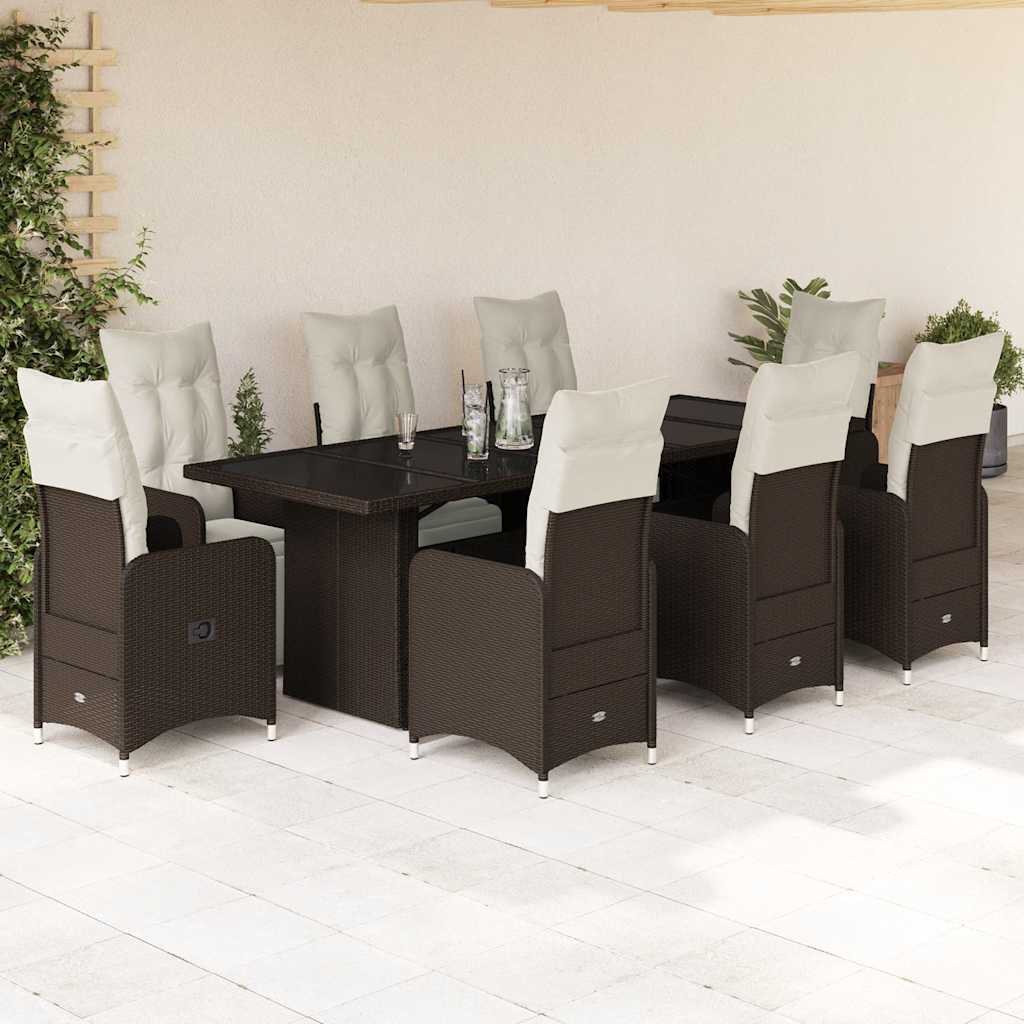 Set Bistrò da Giardino 9 pz con Cuscini in Polyrattan Marrone | homemem39