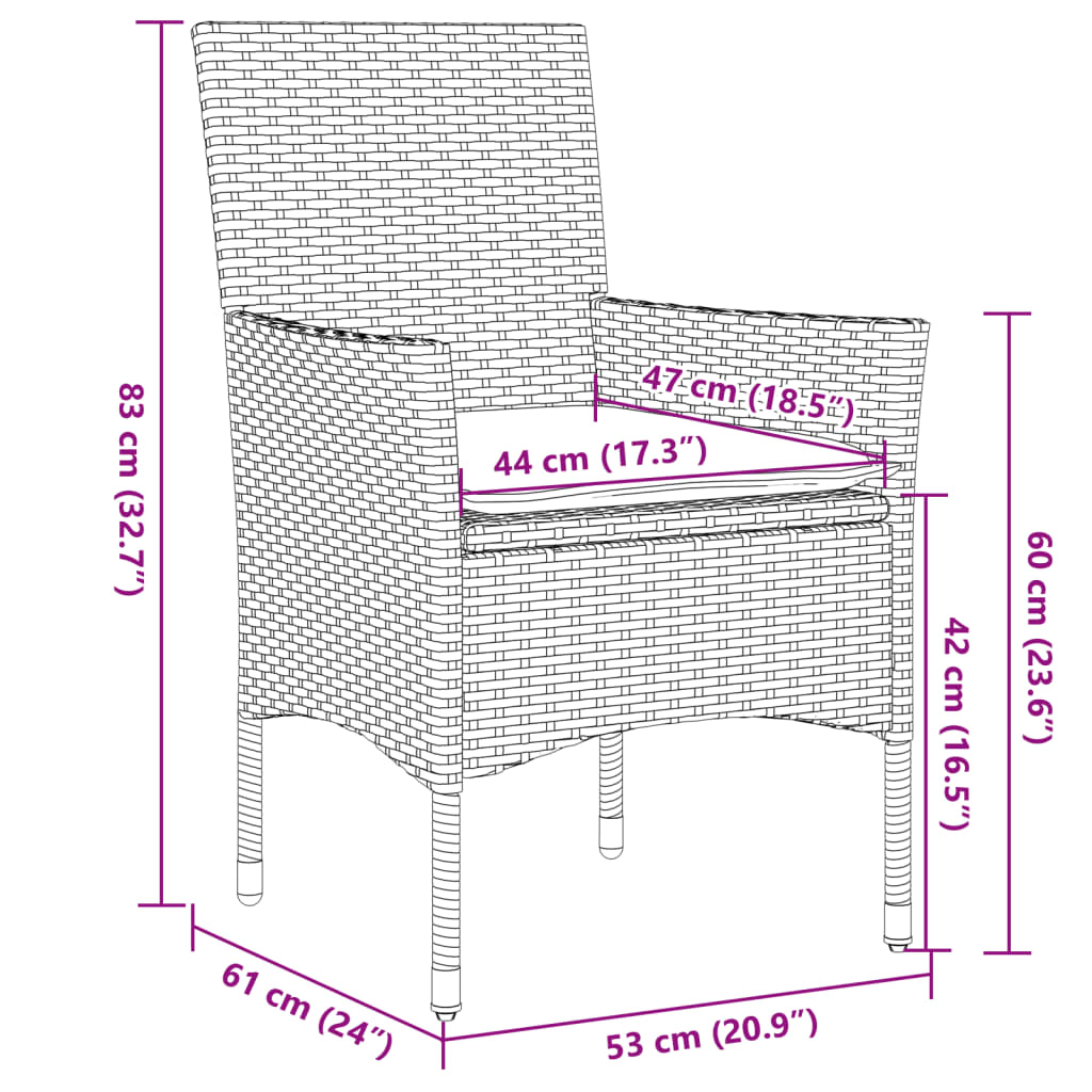 Set da Pranzo da Giardino 3 pz con Cuscini Polyrattan e Vetro | homemem39