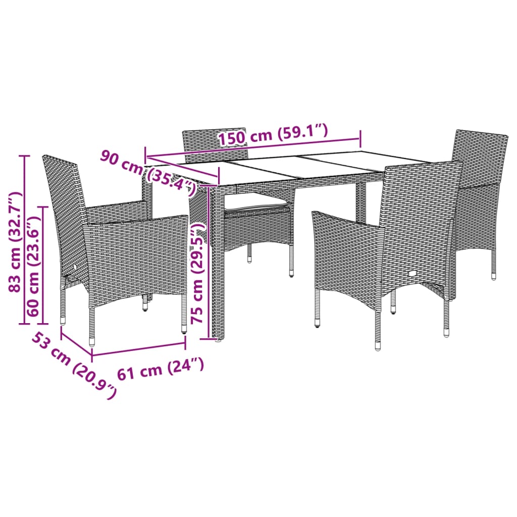 Set da Pranzo da Giardino con Cuscini 5 pz Polyrattan e Vetro - homemem39