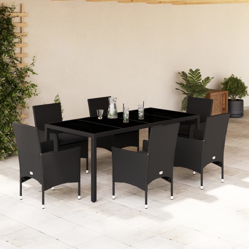 Set Pranzo da Giardino 7 pz Nero con Cuscini Polyrattan Acacia - homemem39