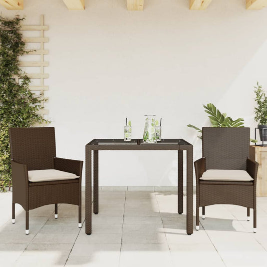 Set da Pranzo da Giardino 3pz con Cuscini Polyrattan e Vetro - homemem39
