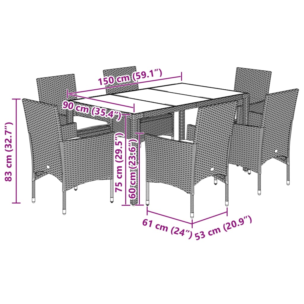 Set Pranzo da Giardino 7pz con Cuscini Marrone Polyrattan Vetro - homemem39
