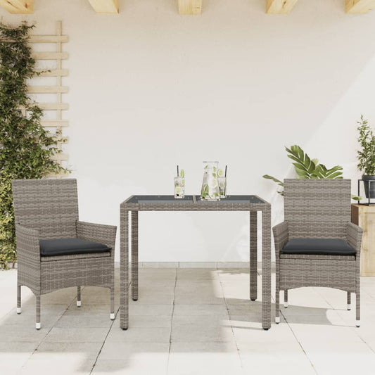 Set da Pranzo da Giardino 3pz con Cuscini in Polyrattan e Vetro - homemem39