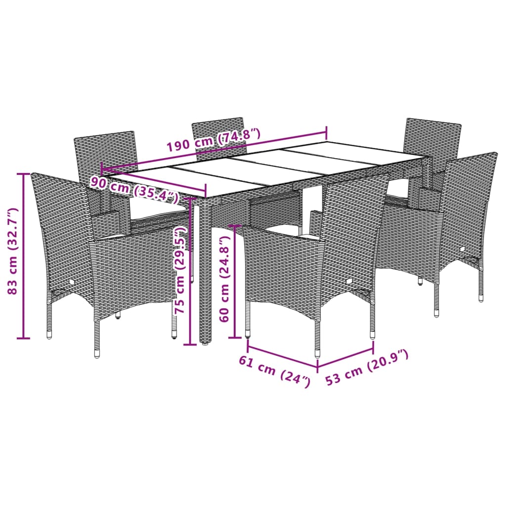 Set da Pranzo da Giardino 7 pz con Cuscini Polyrattan e Vetro | homemem39