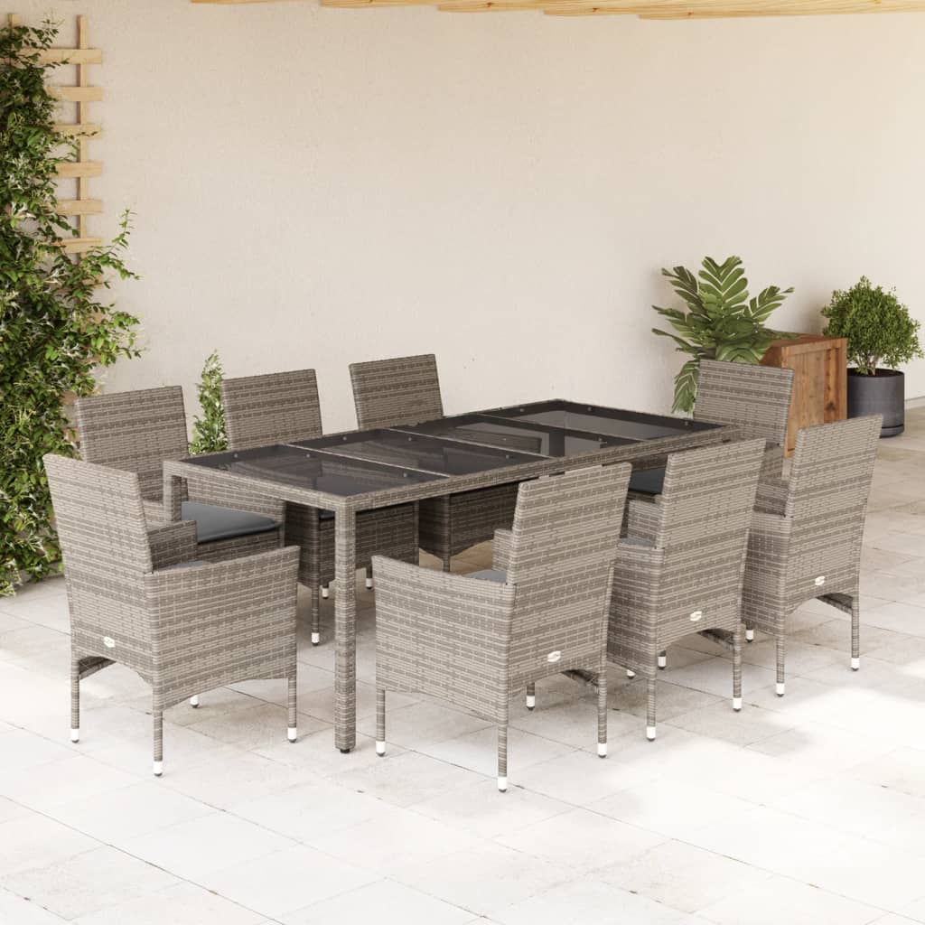 Set da Pranzo da Giardino 9 pz con Cuscini Polyrattan e Vetro | homemem39