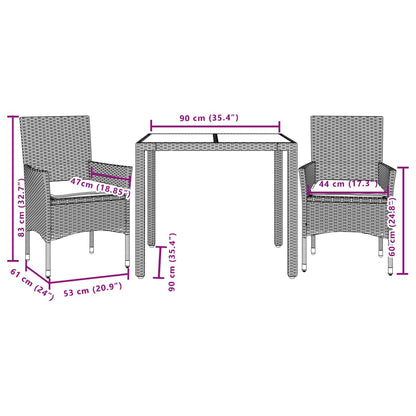 Set da Pranzo da Giardino 3 pz con Cuscini Polyrattan e Vetro | homemem39