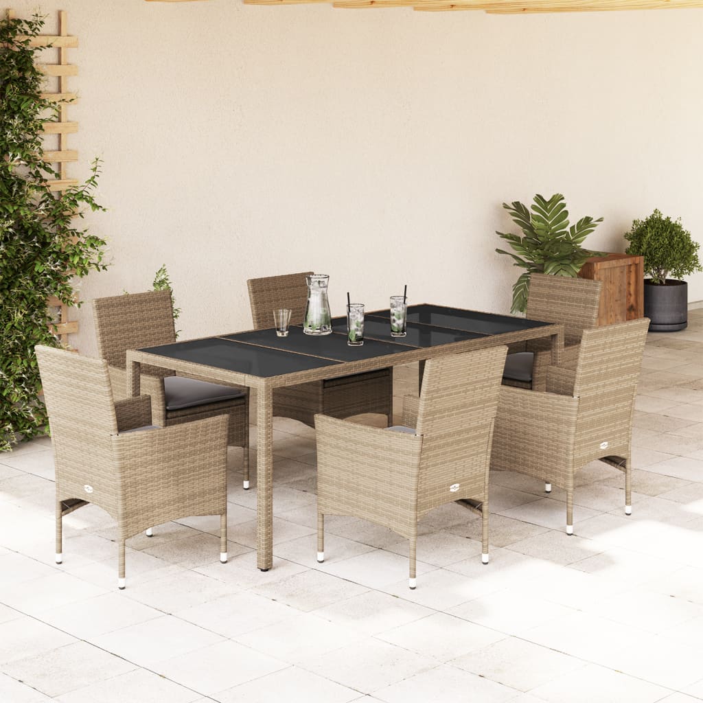 Set da Pranzo da Giardino 7 pz con Cuscini Polyrattan e Vetro - homemem39