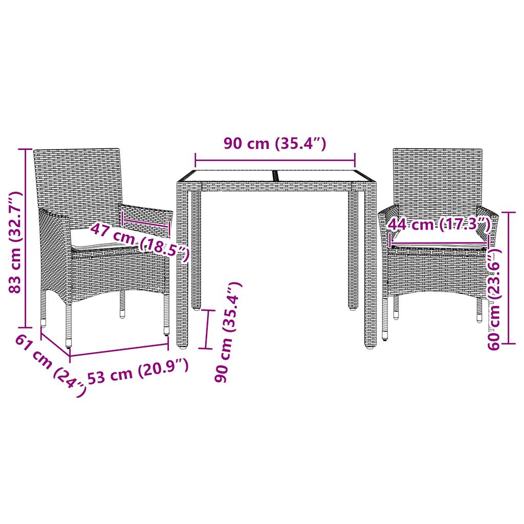 Set Pranzo da Giardino 3pz con Cuscini Polyrattan e Vetro | homemem39