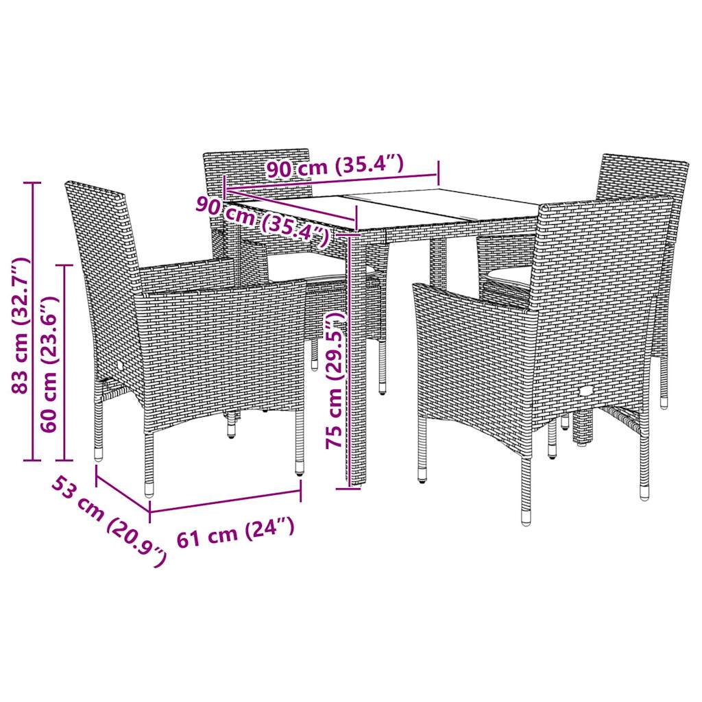 Set Pranzo da Giardino 5pz con Cuscini Polyrattan e Vetro - homemem39