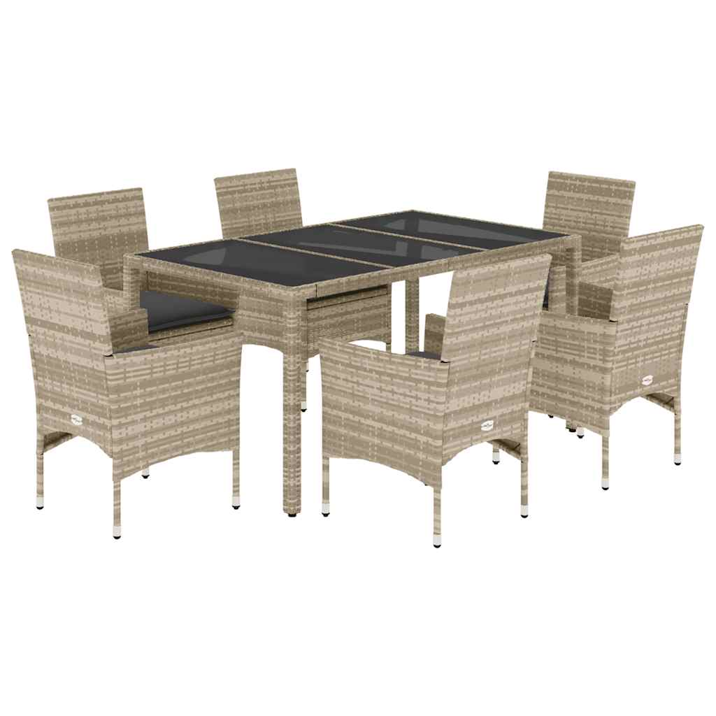 Set Pranzo Giardino 7 pz Cuscini Grigio Chiaro Polyrattan Vetro | homemem39