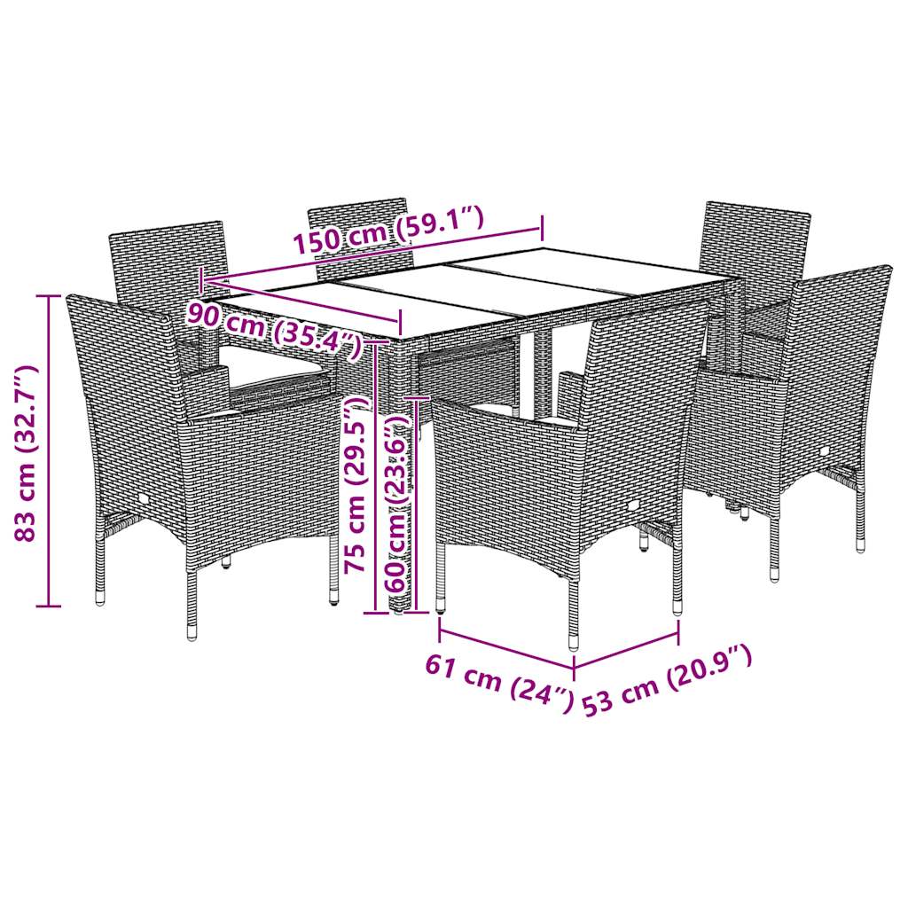 Set Pranzo Giardino 7 pz Cuscini Grigio Chiaro Polyrattan Vetro - homemem39