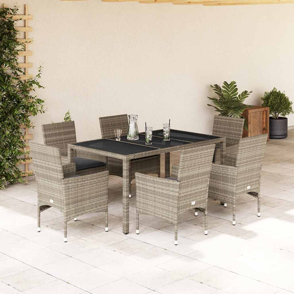 Set Pranzo Giardino 7 pz Cuscini Grigio Chiaro Polyrattan Vetro | homemem39