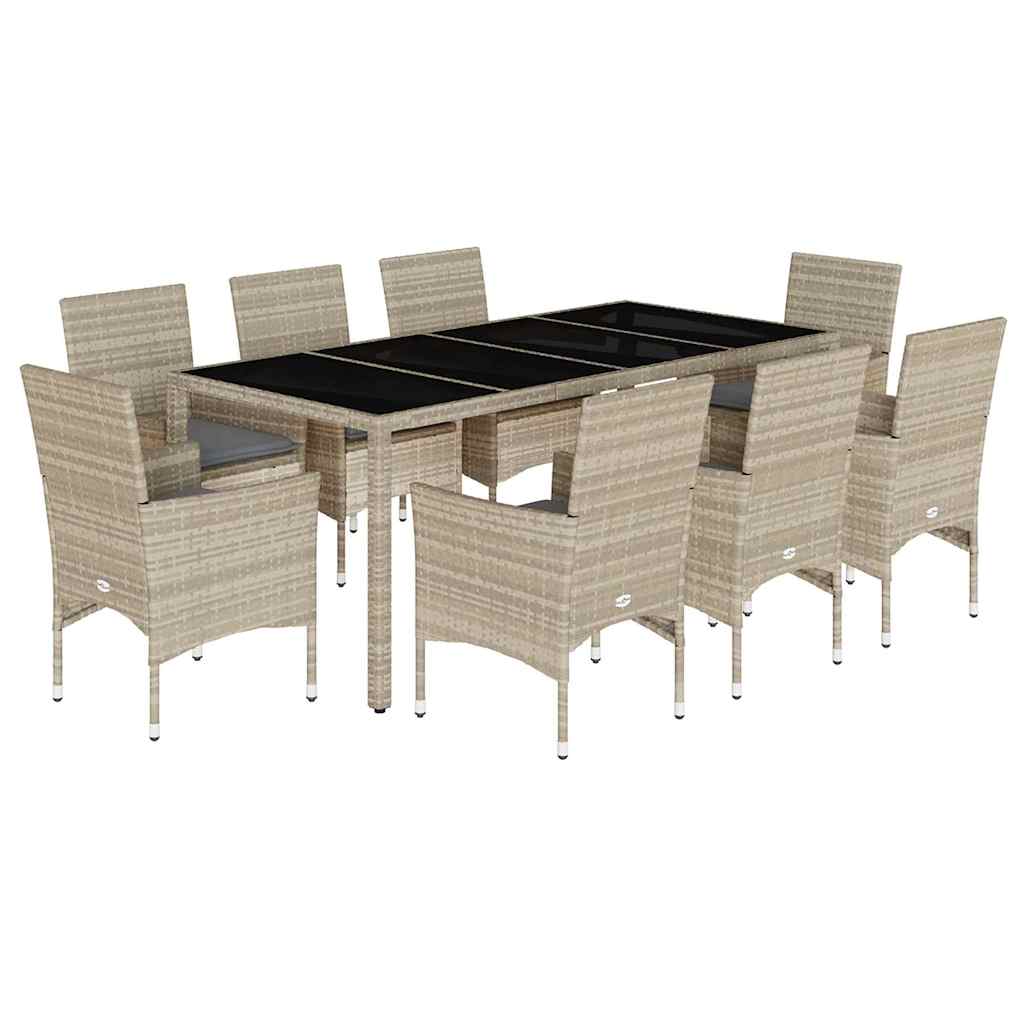 Set Pranzo Giardino 9 pz Cuscini Grigio Chiaro Polyrattan Vetro | homemem39