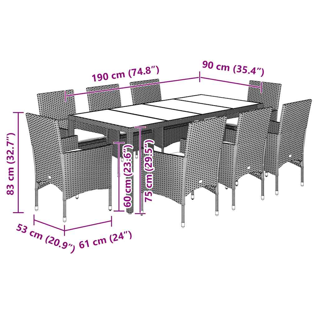 Set Pranzo Giardino 9 pz Cuscini Grigio Chiaro Polyrattan Vetro | homemem39