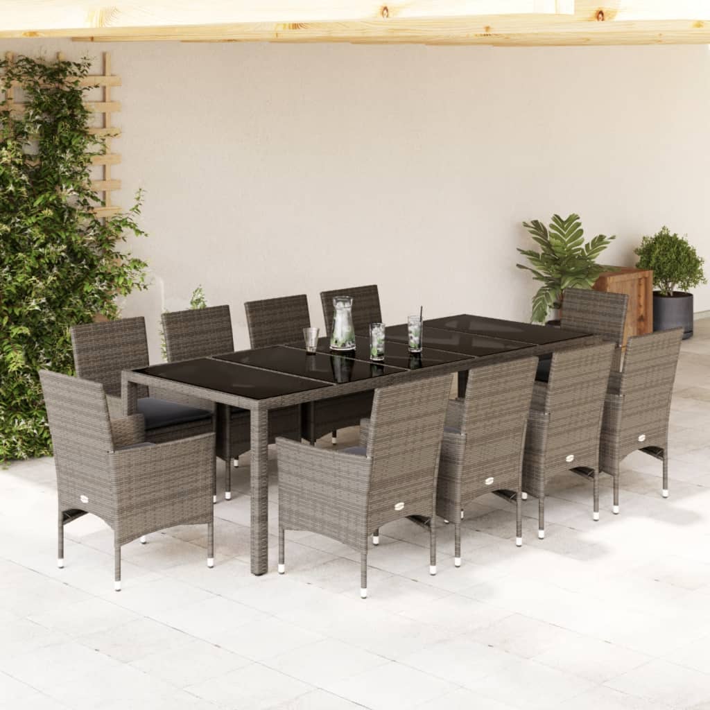 Set da Pranzo da Giardino 11pz con Cuscini Polyrattan e Vetro | homemem39