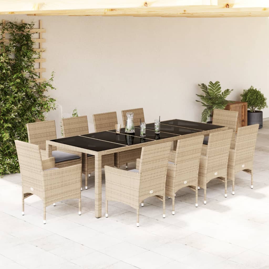 Set da Pranzo da Giardino 11 pz con Cuscini Polyrattan e Vetro | homemem39