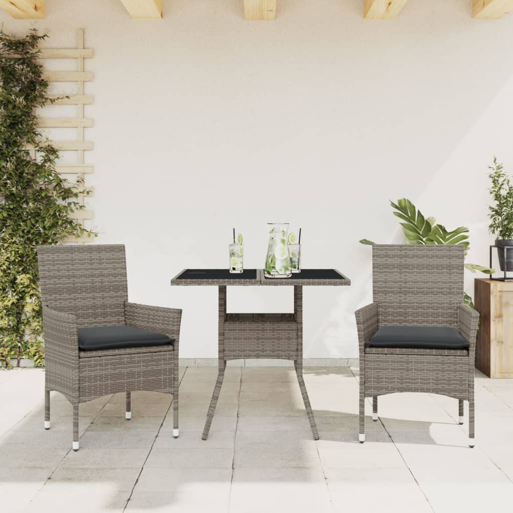 Set da Pranzo da Giardino 3pz con Cuscini in Polyrattan e Vetro - homemem39