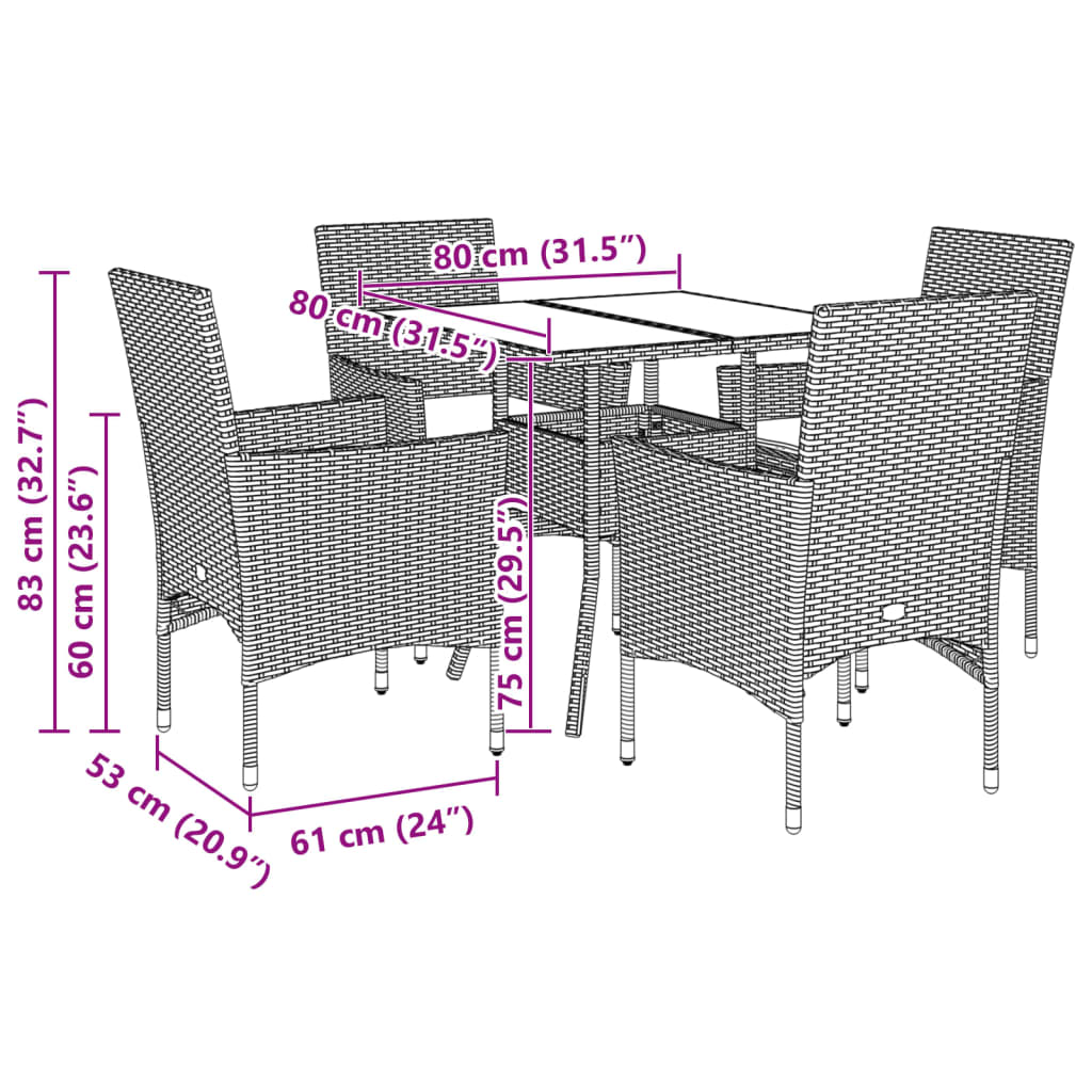 Set da Pranzo da Giardino 5 pz con Cuscini Polyrattan e Vetro | homemem39