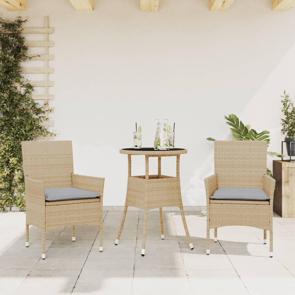 Set da Pranzo da Giardino 3 pz con Cuscini Polyrattan e Vetro | homemem39