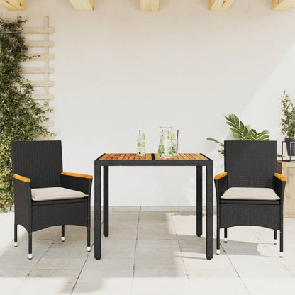 Set Pranzo da Giardino 3 pz con Cuscini Nero Polyrattan Acacia - homemem39