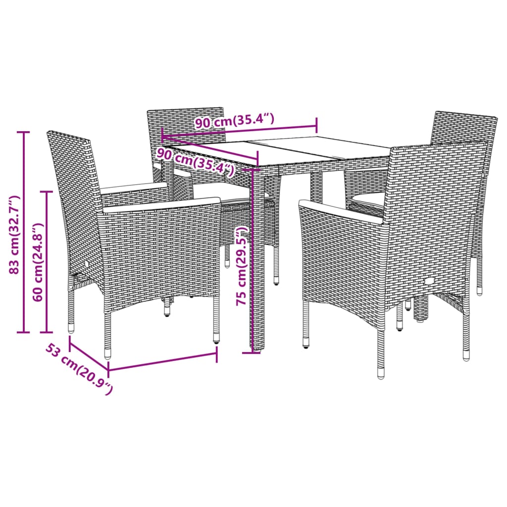 Set Pranzo da Giardino 5 pz con Cuscini Nero Polyrattan Acacia - homemem39